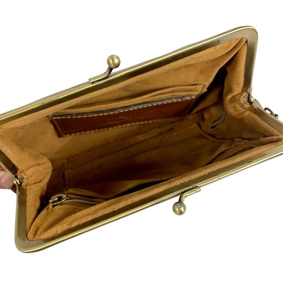 Patricia Nash Brown Leather Womens Clutch Purse Brass Frame Embossed Floral Logo - Picture 8 of 15